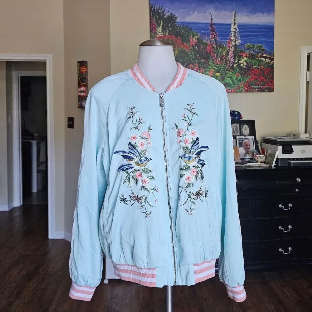 Forever 21 Light Blue Floral Bomber Jacket
